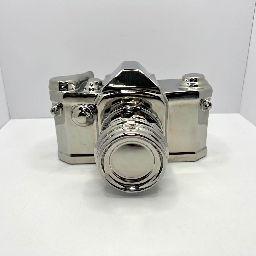 Silver Ceramic Camera Decor 9" x 6" Chrome Finish Photography Film Media Design